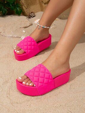 hot pink Fashionable Women's Diamond Pattern Thick sole Slippers sandals